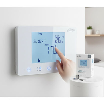 Cronotermostato digitale Zippo DUO bianco installato a parete, in primo piano, con display retroilluminato acceso che mostra ora e temperatura. Una mano tocca i comandi touch, evidenziando la facilità d'uso.