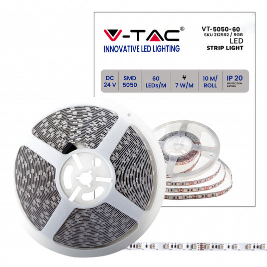 V-TAC 212592  Strip LED SMD5050 7W/m 10mt 60 LED/m 24V RGB IP20 10mm