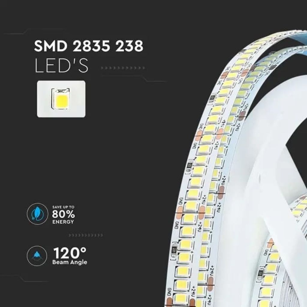 5MT SKU 212600 VT-2835 238 V-TAC Strip LED SMD2835 18W/m 5m 238 LED/m 135LM/W 24V 4000K IP20 10mm